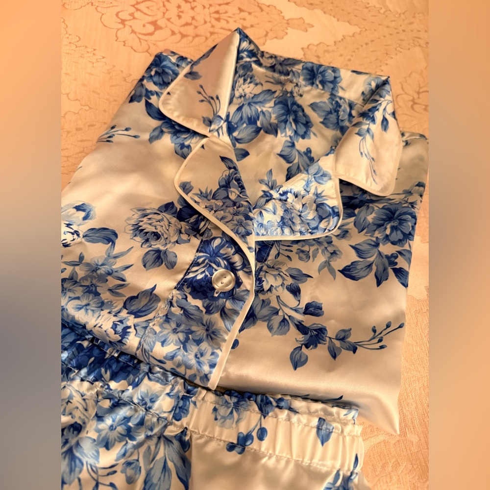 Blue Floral Satin Pajama Set - Women's Two-Piece Sleepwear